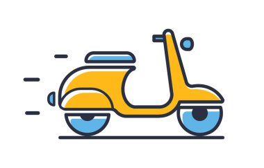 Scooter ikonu. Beyaz arka planda izole edilmiş klasik scooter. Tasarım elementleri, renkli. Mobil kavramlar ve web uygulamaları için elementler. Düz biçim vektör illüstrasyonu.