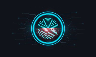 Parmak izi taraması. Soyut dijital kavramsal teknoloji. Elektronik veya dijital ekrandaki bir dairenin içindeki parmak iziyle parmak izi tanımlaması kullanarak giriş yap. Vektör düz biçim illüstrasyonu.