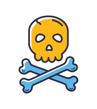 Kemik ikonlu kafatası. Kafatası ve çapraz kemikler beyaz arka planda izole edilmiş. Tasarım elementleri, renkli. Mobil kavramlar ve web uygulamaları için elementler. Düz biçim vektör illüstrasyonu.