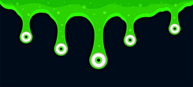 Ürkütücü gözler radyasyon sümüğü. Yeşil yapışkan sıvı gözleri aşağı indiriyor. Erimiş boya damlıyor ve akıyor. Karanlık bir arka planda zehirli göz damlası olan vektör çizimi. Vektör illüstrasyonu.