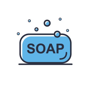 Sabun ikonu. Tıbbi ilaçlar beyaz arka planda izole edilmiş. Tasarım elementleri, renkli. Mobil kavramlar ve web uygulamaları için elementler. Düz biçim vektör illüstrasyonu.