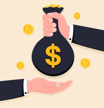 İnsan eli, para çantasını başka birine veriyor. Düz tasarım tarzında illüstrasyon. Sunum, afiş, poster, broşür, web sitesi için finans sektörü konsepti. Vektör illüstrasyonu.