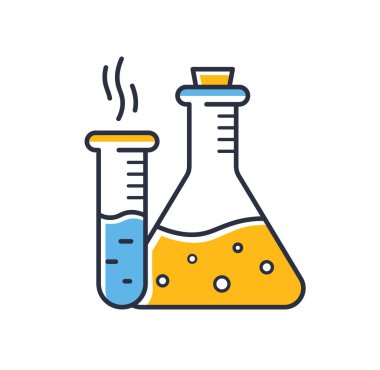 Kimyasal reaksiyon. Test tüpleri simgesi beyaz arkaplanda izole edildi. Mobil kavramlar ve web uygulamaları için elementler. Tasarım elementleri, renkli. Düz biçim vektör illüstrasyonu.