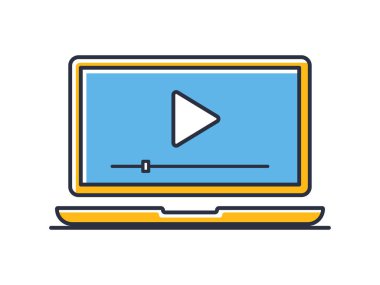 Oyun ikonlu dizüstü bilgisayar. Video görüntüleme beyaz arkaplanda izole edildi. Renk tasarımı. Mobil kavramlar, web uygulamaları ve sosyal ağlar için kullanılabilir. Düz biçim vektör illüstrasyonu.