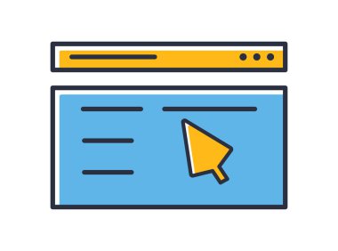 Web sayfası simgesi. Beyaz arkaplanda izole edilmiş bir web sayfası üzerindeki imleç. Tasarım elementleri renkli. Mobil kavramlar, web uygulamaları ve sosyal ağlar için kullanılabilir. Düz biçim vektör illüstrasyonu.