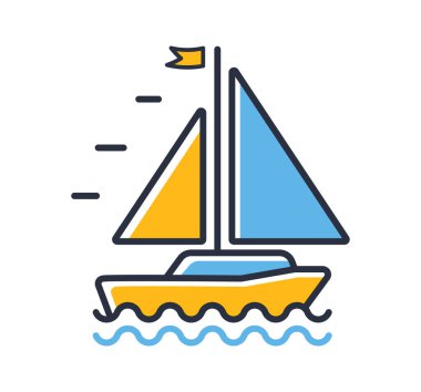 Yat simgesi. Yelkenli yatı beyaz arka planda izole edilmiş. Tasarım elementleri, renkli. Mobil kavramlar ve web uygulamaları için elementler. Düz biçim vektör illüstrasyonu.