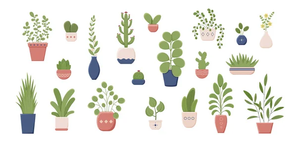 鉢のベクトルフラットイラストで観葉植物のセット セラミック容器内の様々な植物のコレクション 家の成長のための葉とカラフルな緑 ベクターイラスト — ストックベクタ