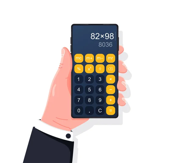 Smartphone Calculator App Flat Design Hand Holding Phone Calculator App — Stock Vector