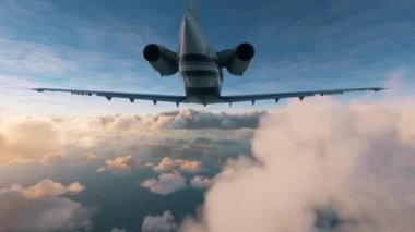 Bulutların üzerinde uçan özel bir uçağın arka görüntüsü: Gün batımında iki katman bulut arasında uçan küçük bir jet uçağının havadan görüntüsü