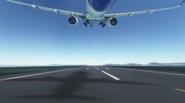 Animation of airplane departure as seen from behind. Plane taking off the runway, pulling up landing gears and wheels then flying over water