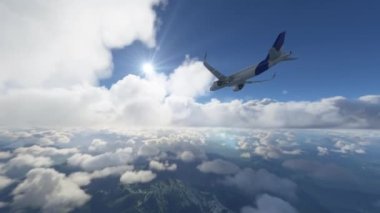 Plane flying away as seen from below and behind. Silhouette of a commercial - cargo airplane over the ocean going through the clouds gaining altitude