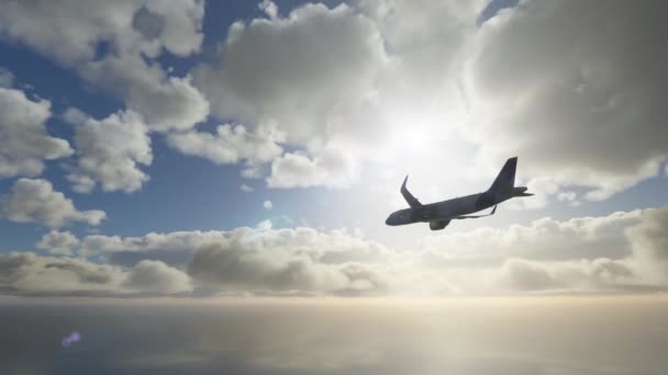 飛行機の下と後ろから見られるように飛んでいます 商業用のシルエット 海上の貨物機が高度を取得雲を通過 — ストック動画
