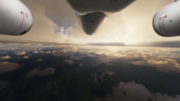 Avión Comercial Volando Través Las Nubes Sobre Las Montañas Con — Vídeo de stock