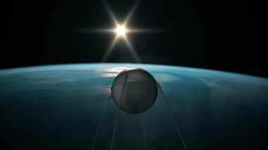 Sputnik 1 uydusu Dünya 'nın yörüngesinde. Dünya yörüngesindeki ilk yapay uydunun 3D görüntüsü. 