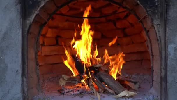 Horno Barro Leña Encendida Llamas Para Cocinar Pan Pizza — Vídeo de stock