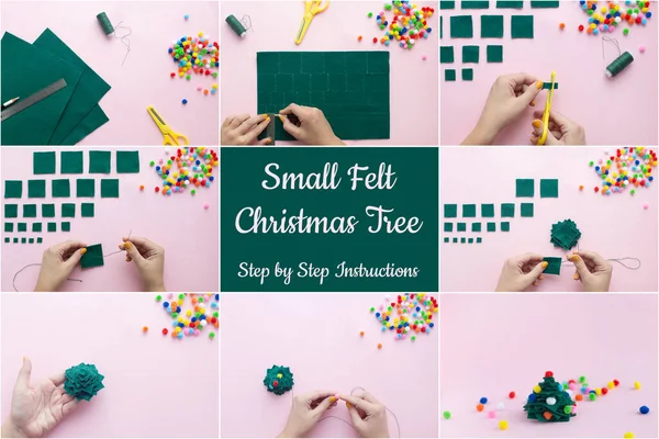 Evde küçük keçeli Noel ağacı nasıl yapılır? Adım adım talimatlar. Eller DIY projesini basit ve kolay takip ediyor. 8 basamaklı kolaj.