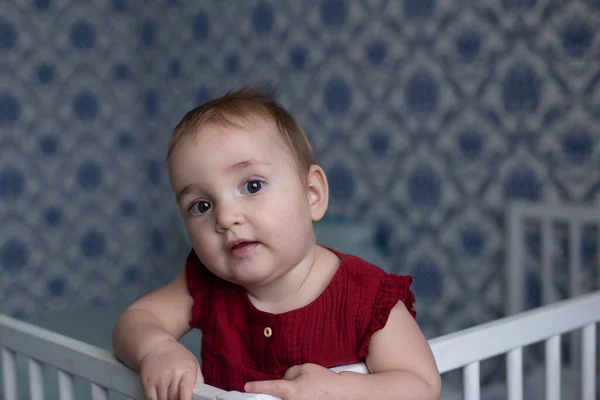 Niña Rojo General Pie Barandilla Cama Mirando Cámara Fondo Azul —  Fotos de Stock