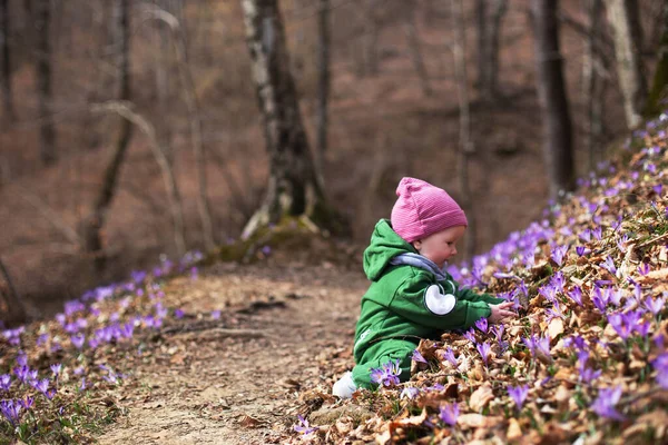 Bébé Tout Petit Mignon Portant Globalement Vert Chapeau Rose Dans — Photo