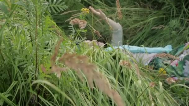 Молодая женщина отдыхает лежа в поле травы. — стоковое видео