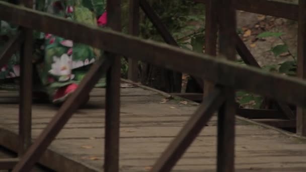 Jeune femme marchant lentement à travers le pont en bois. — Video