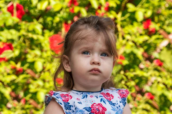 Portrait de petite fille mignonne sérieuse sur fond floral. — Photo