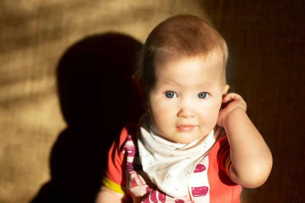 Portrait of baby girl in the sunlight. Kid is looking into camera. Light and shadow — Stok fotoğraf