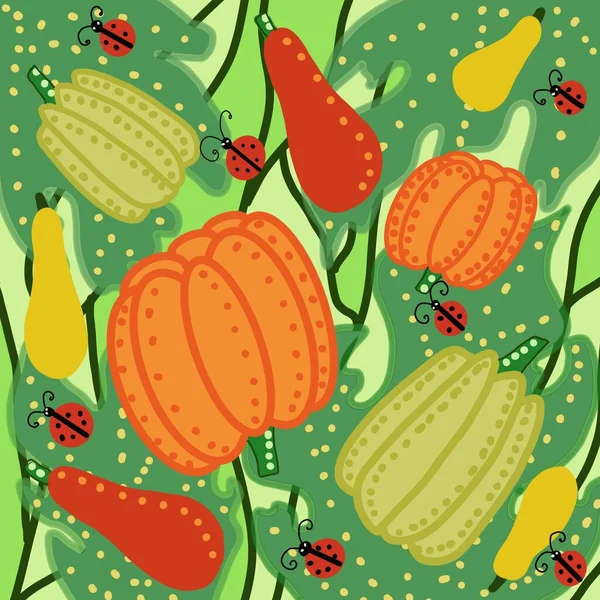 Kürbismuster auf grünem Hintergrund mit grünen Blättern orange schön — Stockfoto