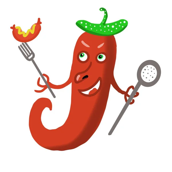 Hot chilli pepper with the fork and spoon illustration — Stock Photo, Image