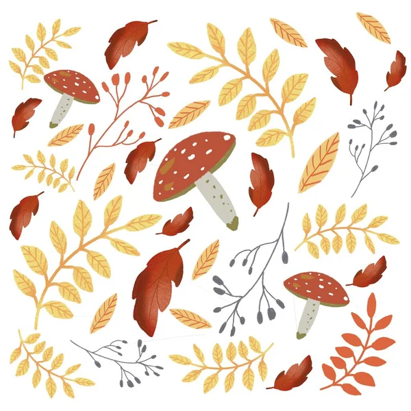 Herbst-Muster mit Blättern und Pilzen Hintergrundillustration — Stockfoto