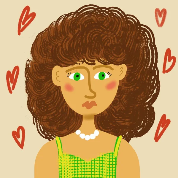Card with woman and hearts illustration — Stock Photo, Image