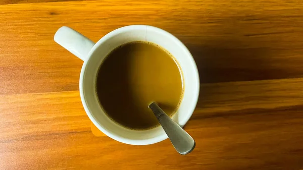 Flache Lagesicht Der Tasse Kaffee Auf Holztisch — Stockfoto