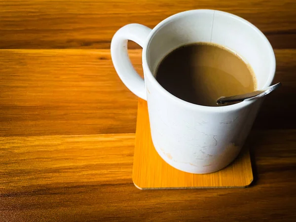 Top Angle View Cup Coffee Wooden Table — Stock Photo, Image