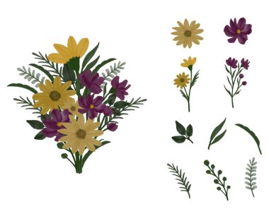 ayçiçeği ve mor suluboya buketi çiçek elementi, yaprak, dal ve tomurcuklu