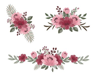 Selamlama ve düğün kartı için kırmızı ve pembe suluboya buket düzenleme