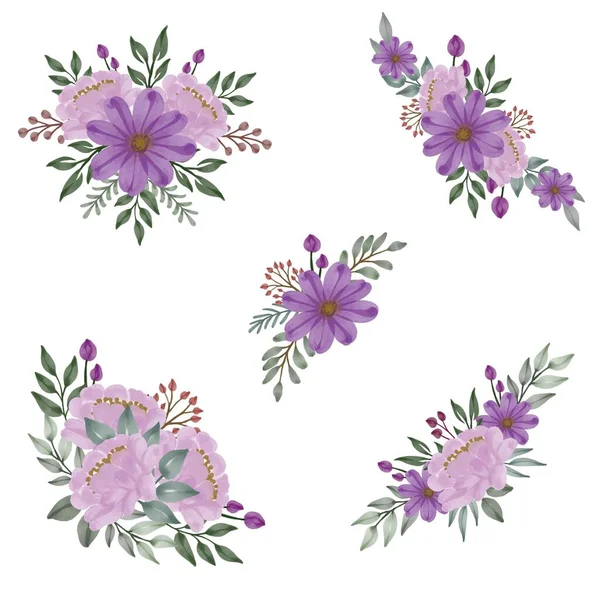 Set Bouquet Fiori Acquerello Viola Rosa — Vettoriale Stock