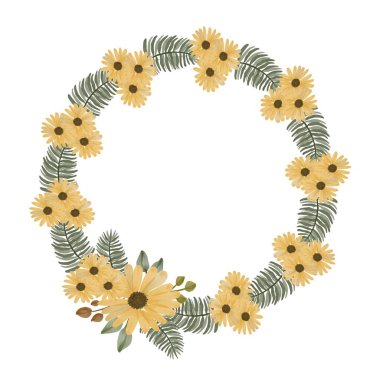 Ayçiçeği ve yeşil yaprak kenarlıklı daire çerçeve
