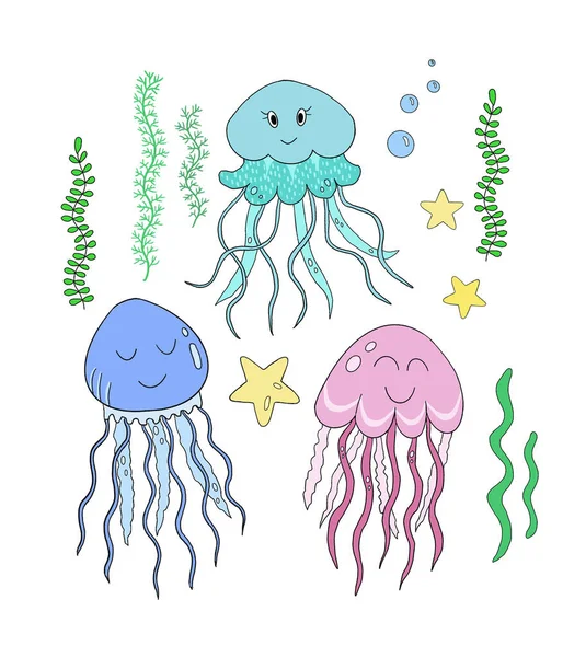 Set of jellyfish blue, pink, turquoise — Stock Photo, Image