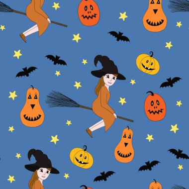 Süpürge, balkabağı ve yarasalarla kusursuz bir cadılar bayramı şablonu.