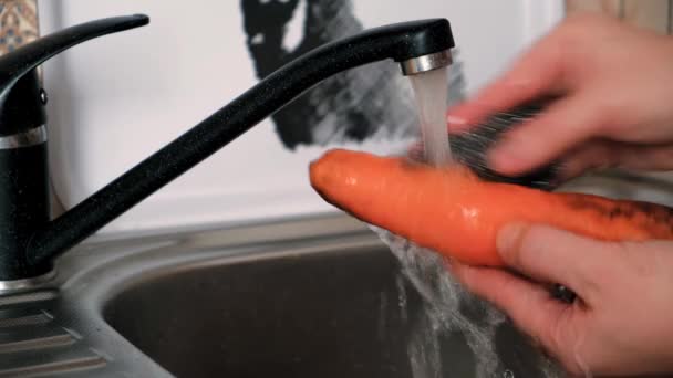在厨房洗碗槽里洗胡萝卜 — 图库视频影像