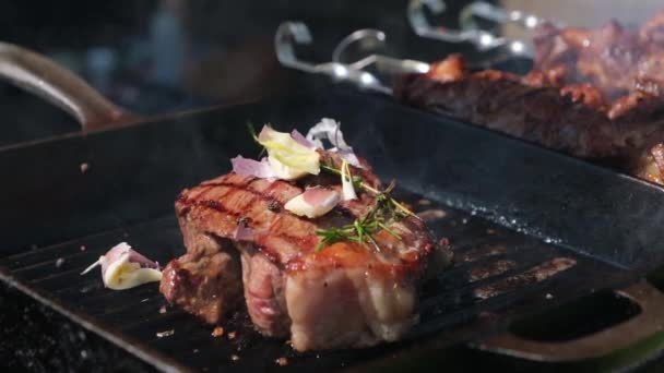 Steak et shish kebab sont grillés sur un gril extérieur — Video