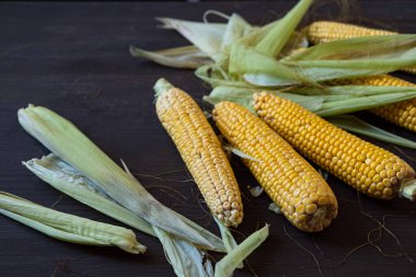 Çiğ soyulmuş mısır koçanları ahşap bir masada yemek pişirmeye hazırlar. Yatay yönelim, insan yok, boşluğu kopyala