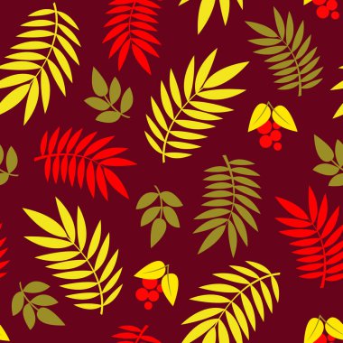 Koyu kahverengi arka planda dallar. Parlak sarı kırmızı yapraklı baskı. Basit bir mevsimlik süs. vektör illüstrasyonu.