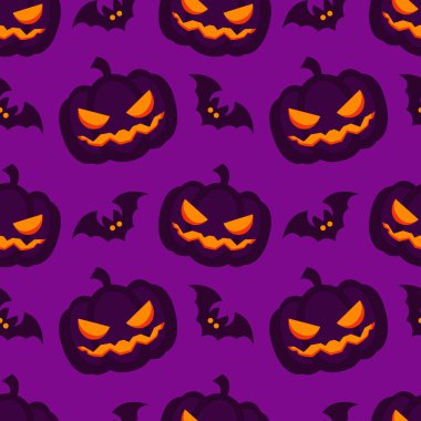 Cadılar bayramı balkabakları ve yarasalarla kusursuz desen. Parlayan gözleri olan koyu renk siluetler. Tekstil baskısı. vektör illüstrasyonu.