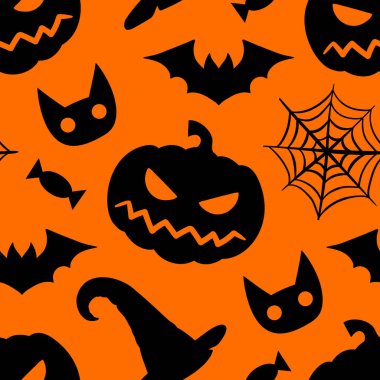 Cadılar bayramı kusursuz desen. Turuncu arka planda siyah siluetler. Kabak, kedi, yarasa, şapka, örümcek ağı. vektör.