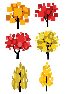 Sonbahar temalı geometrik şekillerin bir dizi kompozisyonu. Minimalist tarzda parlak sonbahar ağaçları. Uyumlu renk kombinasyonları. Her nesne ayrı bir katmanda. vektör.