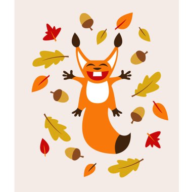 Bir sincap ve yaprakla sonbahar kompozisyonu. Sıcak sonbahar renkleri. Yaprak yığınında eğlenen neşeli bir sincap. vektör illüstrasyonu.