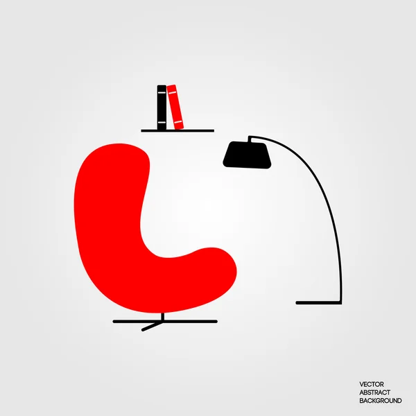 Diseño de interiores. Muebles estilo. Minimalista. Sillón, lámpara, libros. Muebles rojos . — Vector de stock