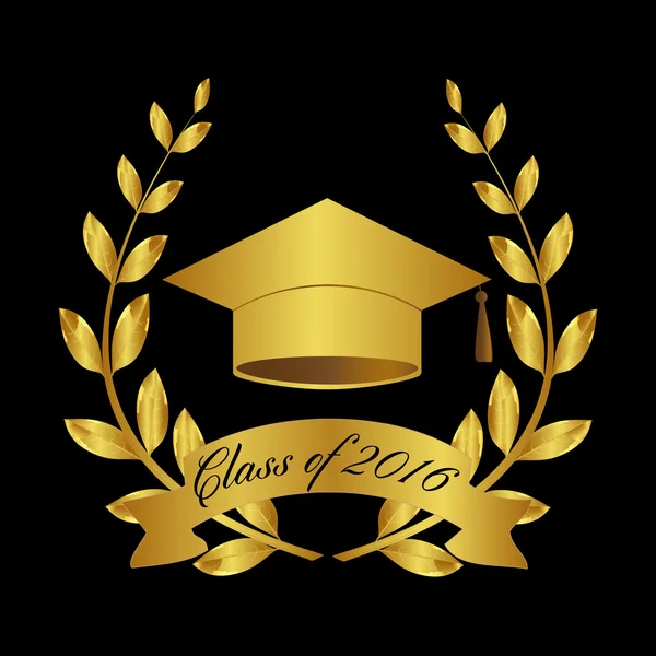 Graduado de símbolos. Clase de 2016. Símbolo educativo. Sombrero de graduado. Corona de laurel . — Vector de stock