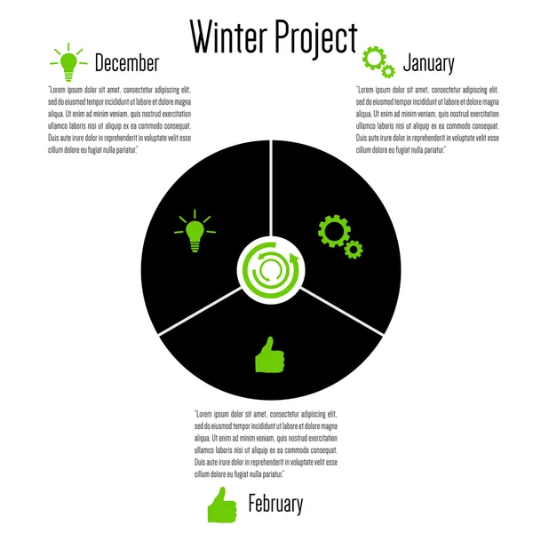 Gestión de proyectos. Proyecto de invierno. Plan de proyecto. Diseño del proyecto. Iconos del proyecto. Resultado del proceso de ideas. Idea bombilla — Vector de stock