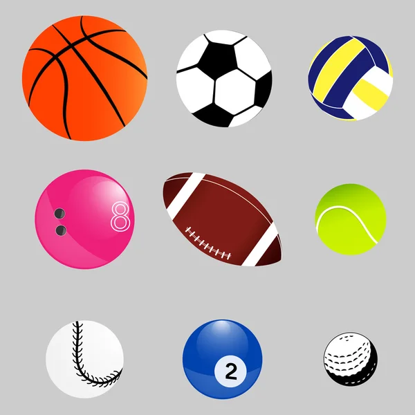 Conjunto de pelotas deportivas. Equipamiento: Baloncesto, béisbol, voleibol, golf, bolos, billar, tenis, fútbol, rugby — Vector de stock